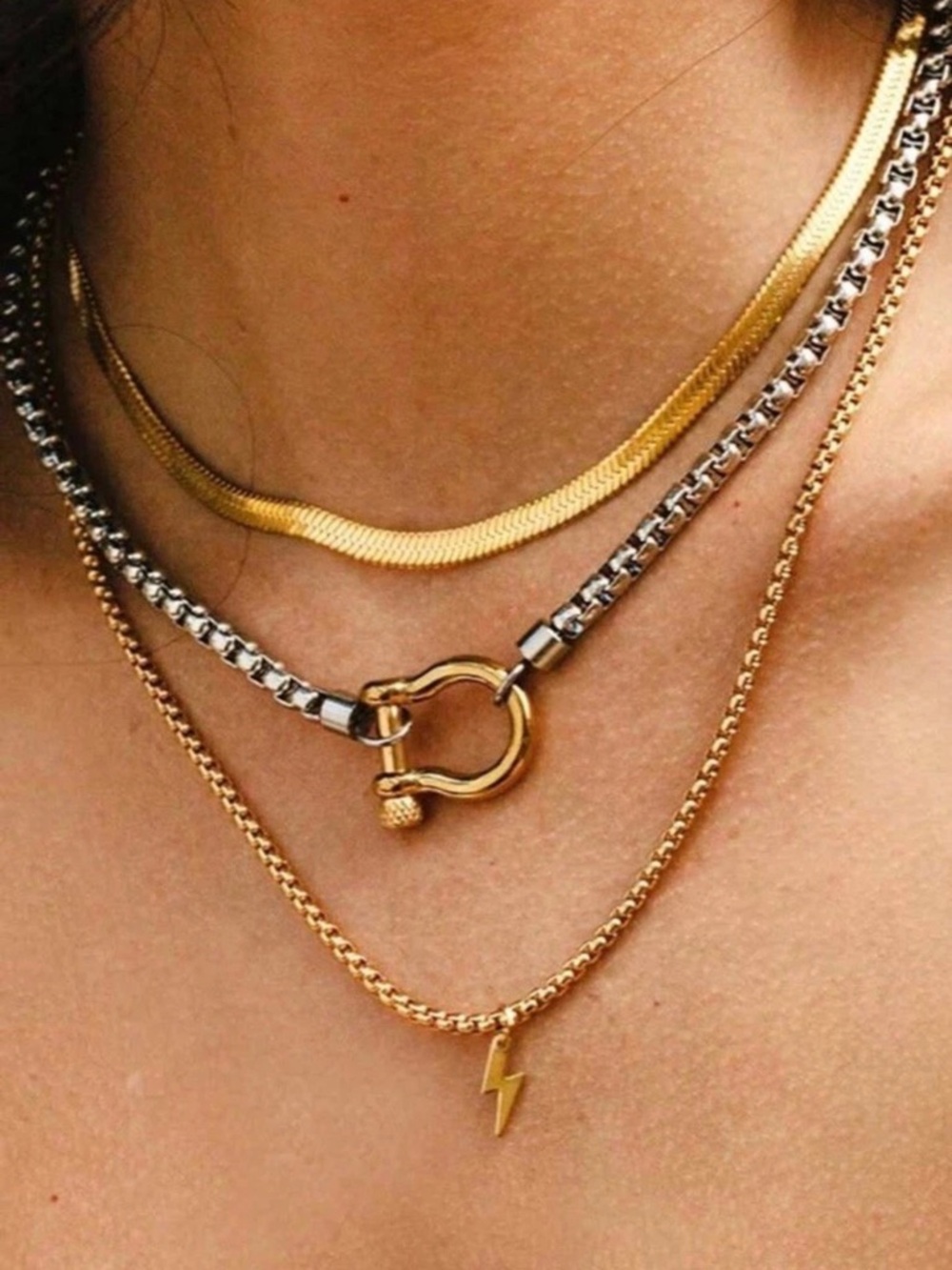 Two-Tone Chunky Chain Necklace with Gold Toggle - Picture 2 of 3
